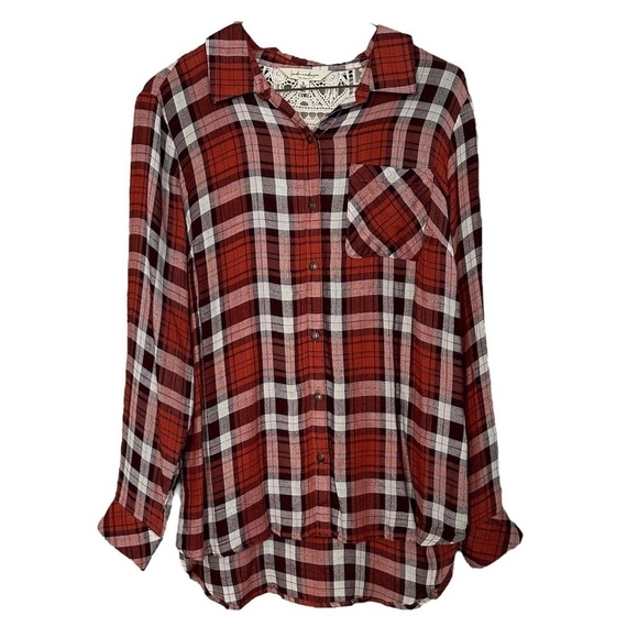 Linda Anderson Shirt Casual Button Up Plaid Unconventional Lace Red & White Sz S - Picture 2 of 11